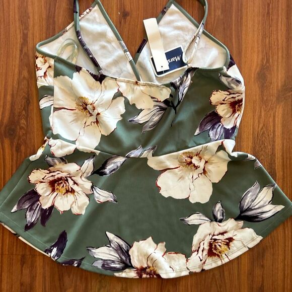 NWT Monteau Marshalls green floral spaghetti strap top blouse with peplum size X - Picture 4 of 4